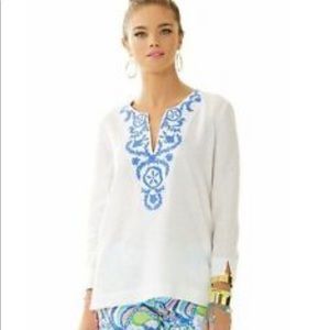 Lilly Pulitzer Amelia Island resort white Tunic L NWT blue embroidery linen